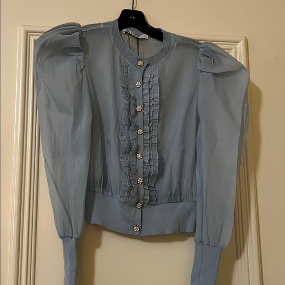 Zara blue ruffled top with jeweled buttons. NWT. - Picture 3 of 4